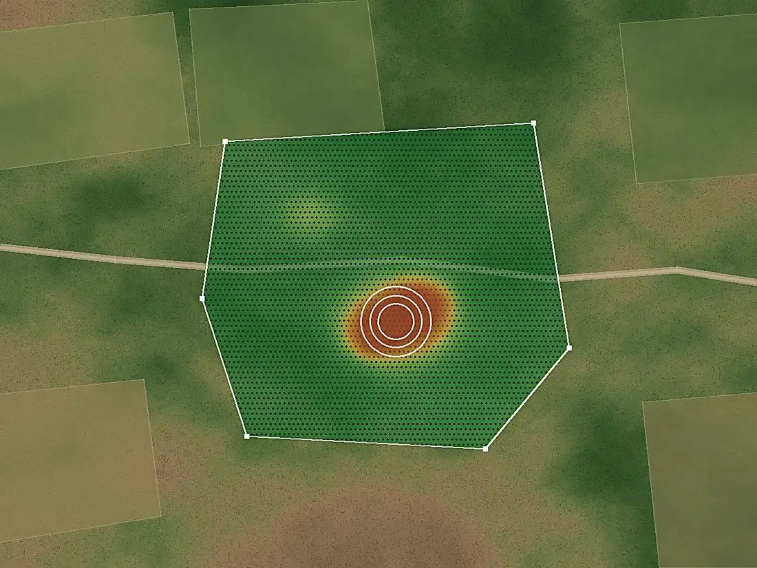 A plantation site with a plant health reading laid over it, showing a failing patch